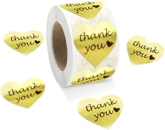SJPACK Gold Heart Shape Thank You Stickers, Foil Decorative Sealing Labels, 500 Stickers/Roll, 1.5
